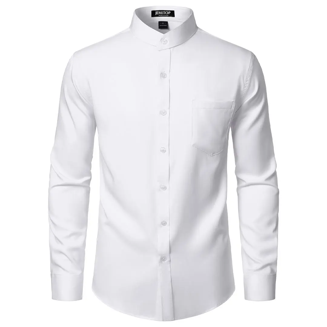 JEMITOP Men's Mandarin Collared Shirt, Slim Fit Stretch Dress Shirt, Wrinkle-Free Long Sleeve Tops with Pocket, Low Iron, No Tie Needed, Subtle Sheen, Light, Full Sleeves, Man Style, Year-Round, Dad, Fitted, Wedding, Work, None, Button