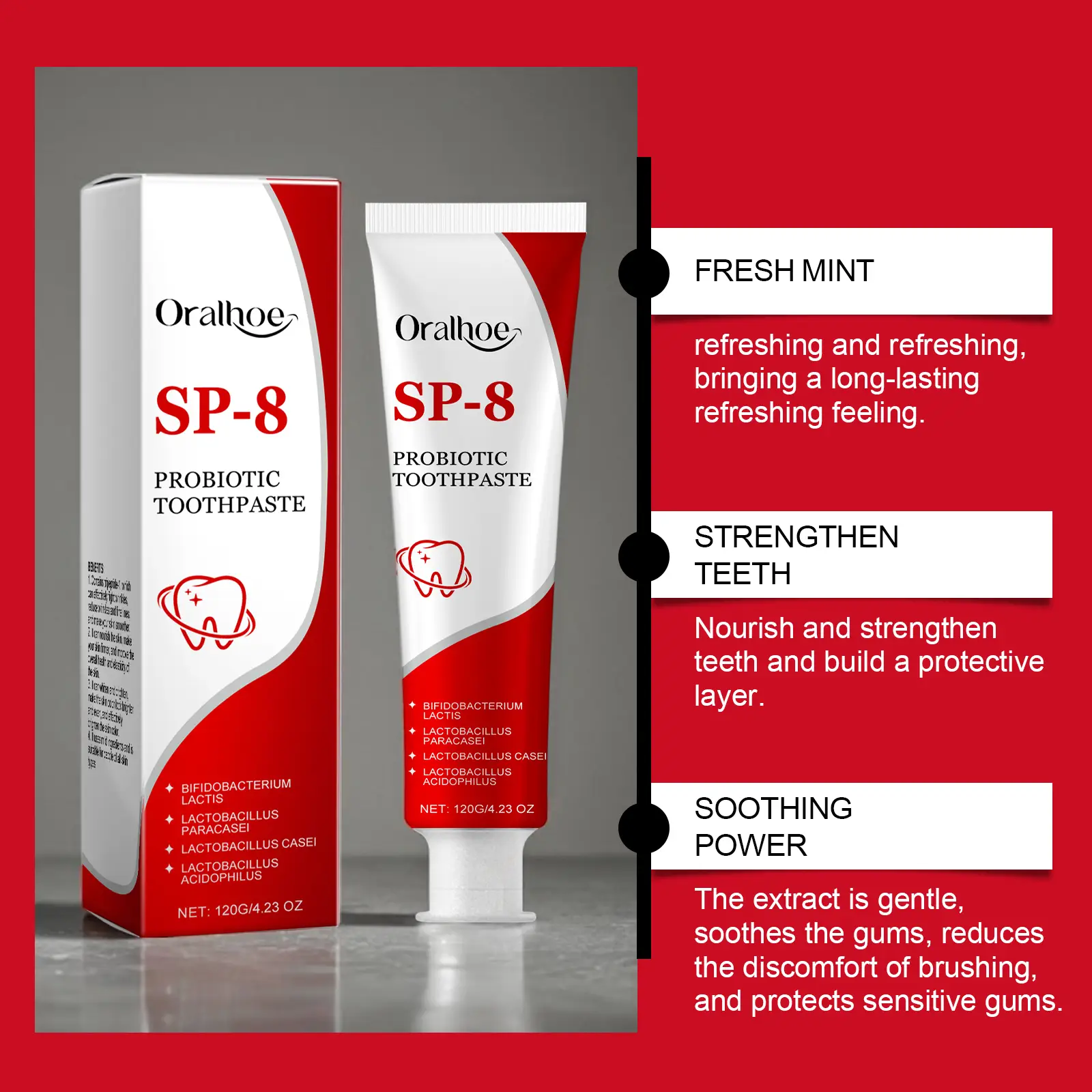 Sp-8 probiotic brightening white toothpaste for deep cleaning and care of teeth,oral care,whitening,stain removal,brightening white mint toothpaste
