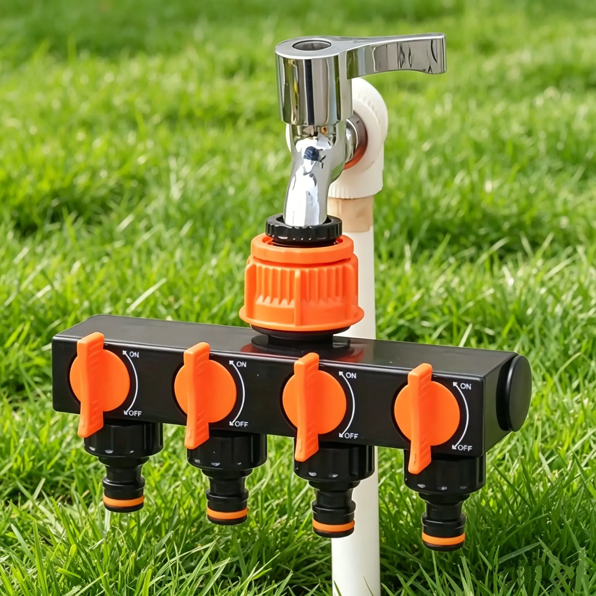 4-Way Leak-Proof Garden Hose Splitter with 4 Independent Valves - Outdoor Faucet Hose Attachment Parts & Connectors for Lawns, Car Washing, Garden Hose Connectors