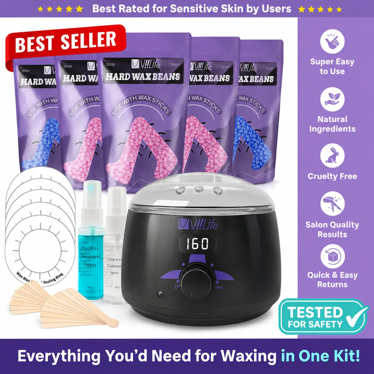 Viilife Digital Waxing Kit for Women & Men | At Home Hard Wax Warmer Set | Full Body, Brazilian, Bikini & Face Hair Removal | Sensitive Skin Wax Beads with Prep & Aftercare Sprays