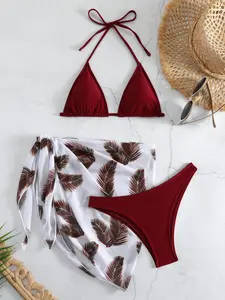 Three-Piece Set Women's Halter Neck Triangle Cup Bikini Top & Swim Panty & Feather Print Cover Up Skirt Swimsuit Sets, Pool Bikinis, Sleeveless Swimwear Set for Beach, Summer Bikini Sets, Bathing Suits 2024, Ladies Summer Clothes