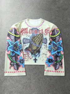 Men's and women's versions of Y2K Aesthetic gothic-style graffiti flared sleeves long-sleeved tops, vintage distressed Floral, prayer hands and flower pattern print long-sleeved T-shirts, streetwear, Menswear, Unisex, perfect for casual wear during spring