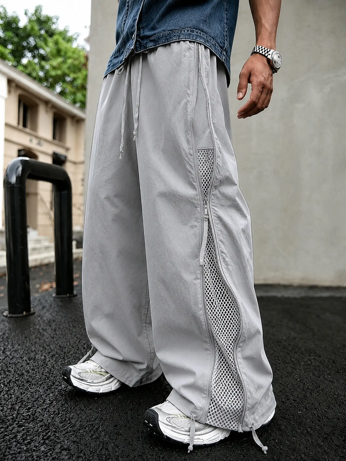 Men's Plain Loose Parachute Pants - Straight-Leg, Side Zipper, Mesh Splicing Inserts, Drapey Design, Athletic Sportswear for Hot Humid Summer, Activewear, Jogger, Baggy