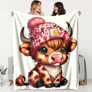 Cool Cartoon Highland Cow Flannel Blankets, Soft Warming Cow Pattern Cow Print Blanket, Comfortable Warm Durable, Ideal for Sofa Office Bed Camping Travel, Perfect Holiday Gift Blanket Gifts
