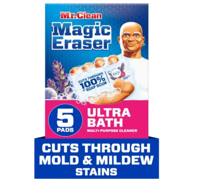 Mr. Clean Magic Eraser Sponge, Bathroom Cleaner, Shower Cleaner, Tub Cleaner, Soap Scum Remover, Bathroom Cleaning Supplies, Dawn Cleaning Power with Febreze Lavender Scent, Ultra Bath, 5ct