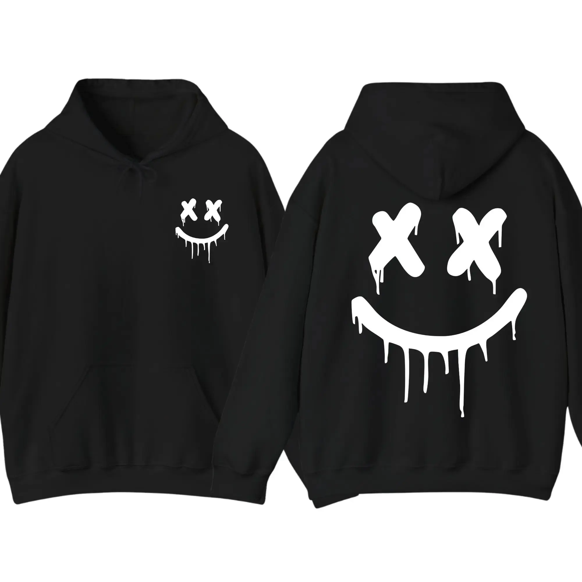 Skyloom Studio Dripping Smiley Face Graphic Hoodie X Eyes Smile Back Print 2 Sided Hoodie Minimalist Streetwear Edgy Pullover Casual Unisex Cozy Long Sleeve Everyday Wear Trendy Fashion Gift for Women Men