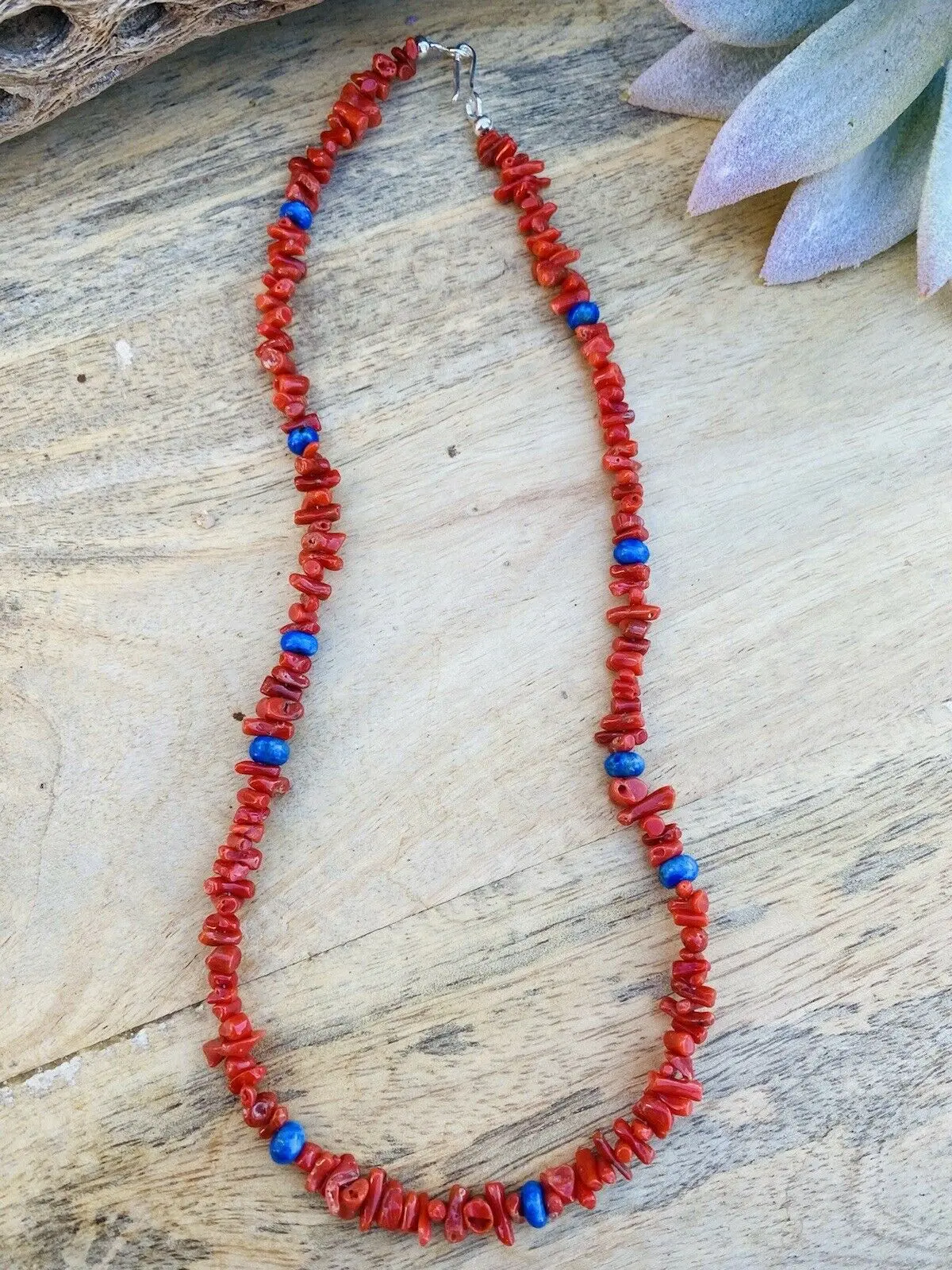 Handcrafted Apple Coral & Lapis Beaded Necklace 16"