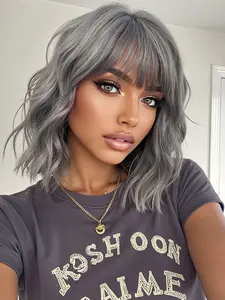 14 Inch Women's Bobo Head Synthetic Fiber Wig, Natural Scalp Effect, Fashion Bangs for Daily Wear, Medium Length, Synthetic Wavy Wig, All Seasons, Synthetic Wigs