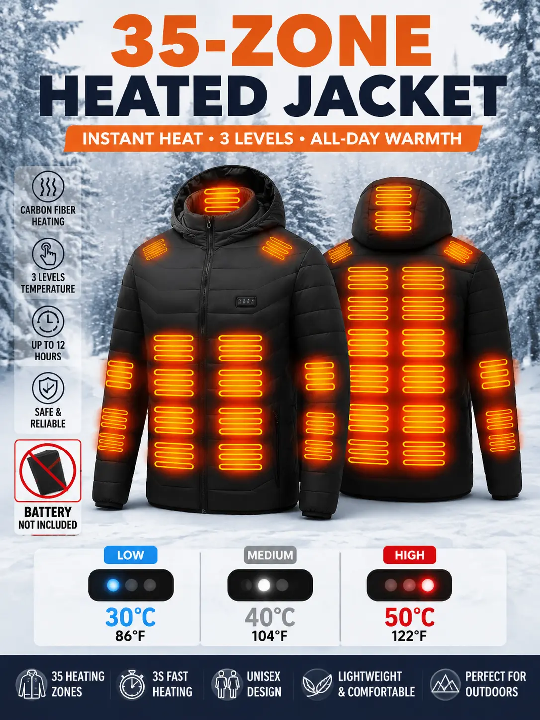 Men's and women's heated jacket with 4-zone heating control, three-level adjustment, winter coat, warm jacket, USB powered, perfect for autumn and winter outdoor wear, holiday, New Year clothing, and birthday gifts, [power bank not included]
