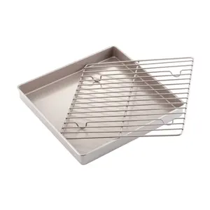 CHEFMADE Roasting Pan with Rack, 11-Inch Non-Stick Square Shallow Dish Sheet Pan with Wire Rack for Oven Baking, BBQ and Roasting 11.2" x 11.2" x 1.4" (Champagne Gold)
