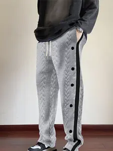Men's Casual Striped Knit Pants, Warm Comfortable Waffle Texture, Elastic Drawstring Waist, Loose Straight Fit, Sporty Style, Casual Streetwear Trousers