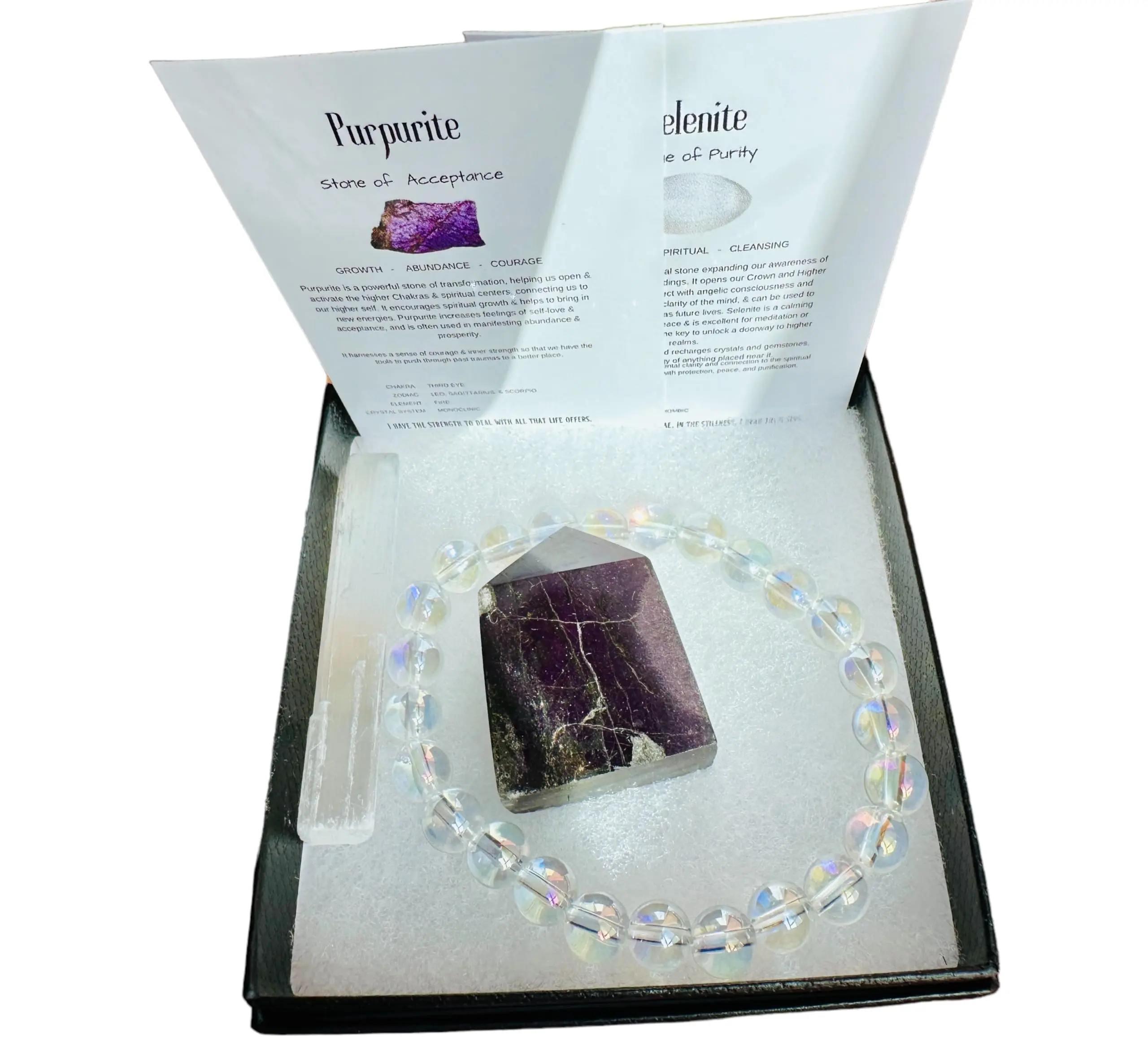 Purpurite Tower Gift Set with Angel Aura Clear Quartz 8mm Stretch Bracelet with Selenite Piece and Informational Cards Metaphysical Properties Purple (45g)