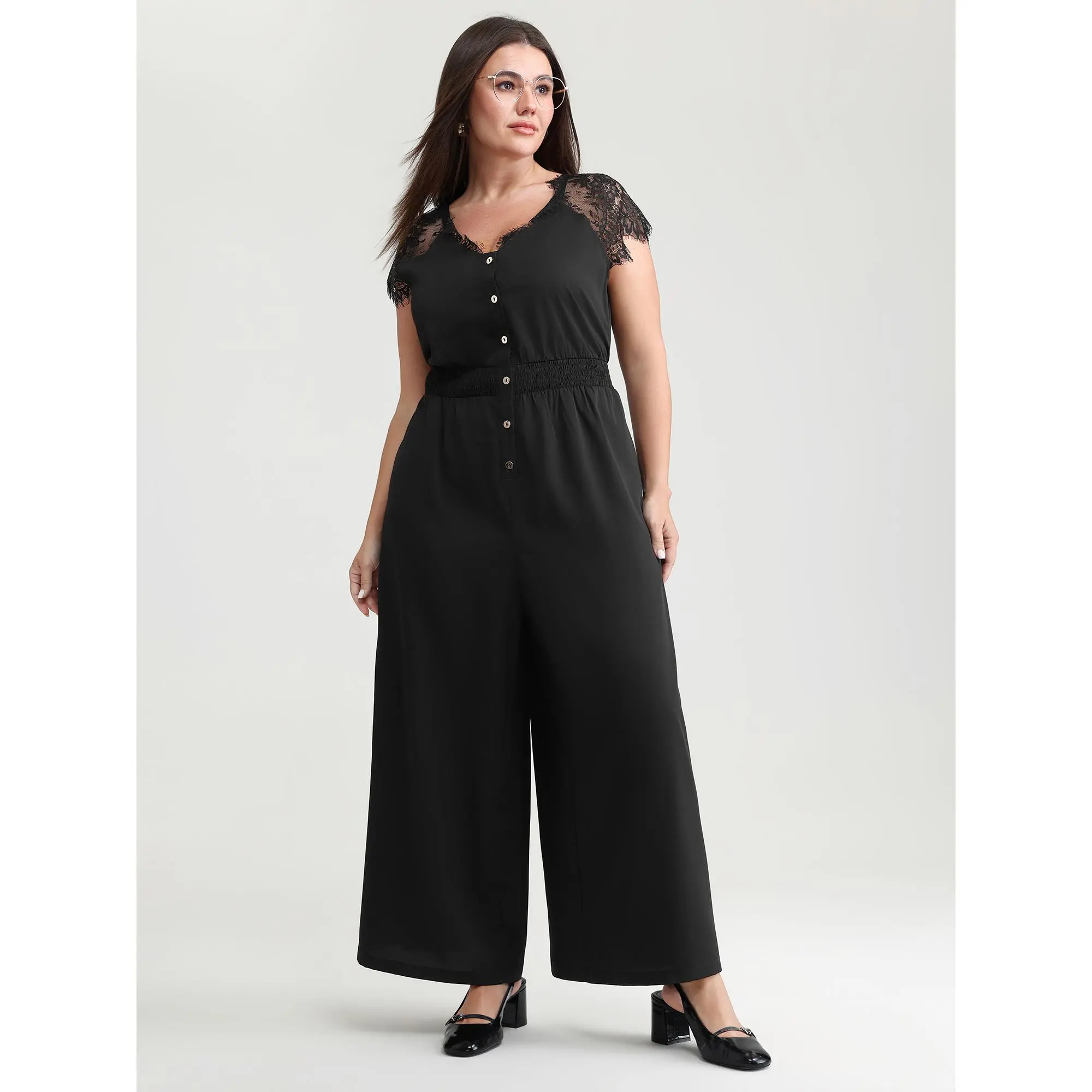 BloomChic Plus Size Jumpsuit, Women's Casual V-Neck Polyester Overall with a Shirred Waist, Lace Cap Sleeves and Pockets, Overalls, Fit, Jumpsuits For Women, Garment, Fabric, Elegant, Ribbon, Lace‑Trim Edge