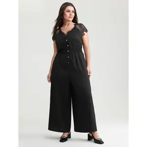 BLOOMCHIC Plus Size Jumpsuit, Summer Overalls with Sheer Lace Sleeve and Pockets, Polyester made Perfect Fit, [M-6X]2026 Summer Vibes