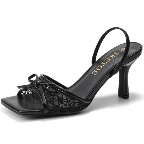 Kitten Heels for Women Square Toe Mesh Sandals Bow Knots Heels Open Toe Sandals for Women Comfortable Dressy Shoes for Wedding Party Summer