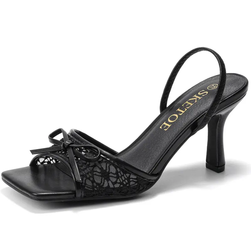 Kitten Heels for Women Square Toe Mesh Sandals Bow Knots Heels Open Toe Sandals for Women Comfortable Dressy Shoes for Wedding Party Summer