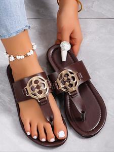 Women's Fashion Metal Buckle Thong Sandals, Simple Versatile Summer Shoes, Comfortable Flat PU Leather, All Seasons