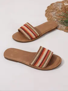 Women's Ethnic Pattern Braid Design Boho Style Slides, Casual Comfortable Flat Sandals for Summer, Lightweight Breathable Slippers for Indoor & Outdoor Wear, Walking Shoes