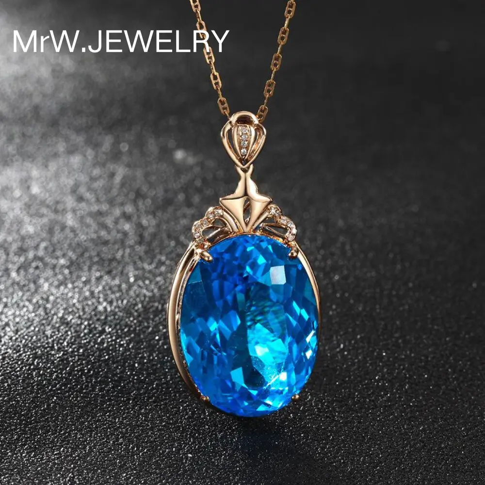 Colorful Gemstone Series Sea Blue Topaz Pendant 18K Rose Gold Plated Oval Necklace for Women Elegant Jewelry Gift