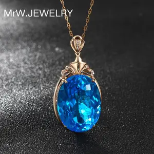 Colorful Gemstone Series Sea Blue Topaz Pendant 18K Rose Gold Plated Oval Necklace for Women Elegant Jewelry Gift