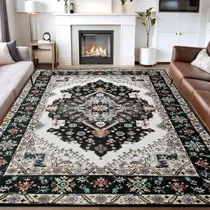 9x11 Feet Black Machine Washable Vintage Area Rug Non-Slip Low Pile Large Rug For Living Room, Bedroom, Farmhouse, Dining Room, 5x8, 7x10 Feet