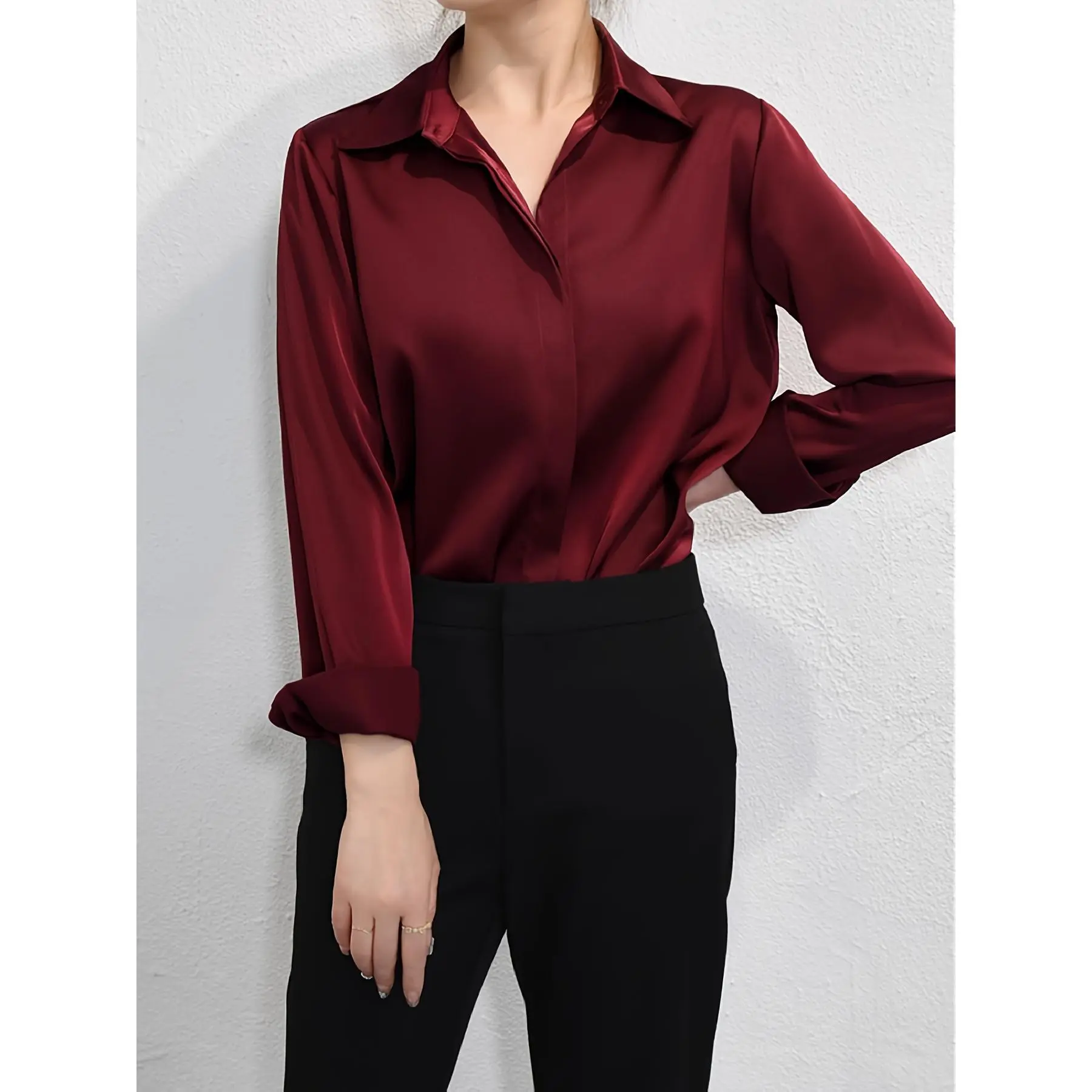Elegant Women's Satin Long Sleeve Shirt - Burgundy Red, Collar, Smooth Finish, Machine Washable, Perfect for Work or Casual Outfits, Office Clothing | Versatile Fashion | Tailored Fit, Satin Blouse - TikTok Shop Elegant Women's Satin Long Sleeve Shirt - Burgundy Red, Collar, Smooth Finish, Machine Washable, Perfect for Work or Casual Outfits, Office Clothing | Versatile Fashion | Tailored Fit, Satin Blouse - TikTok Shop