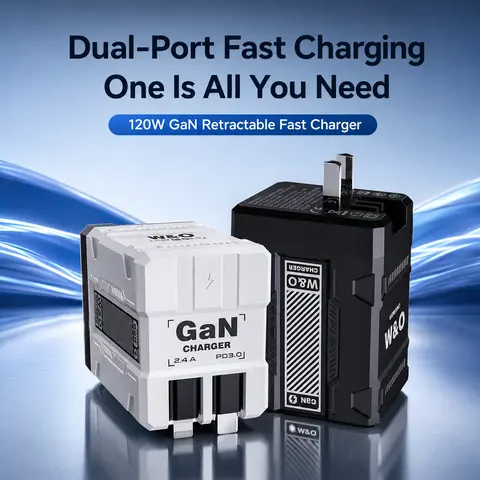2-in-1 120W GaN Fast Charger with Retractable USB-C & Lightning Cables, Foldable Wall Plug for Travel, Home, Office & Dorm, Fall Deals Tech Gift