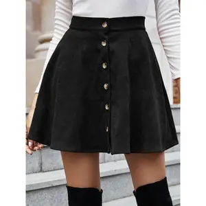 Women’s solid-color corduroy flared skirt with a front button closure, casual high-waisted mini skirt suitable for everyday wear, women’s underwear suitable for all seasons GARMENTARY