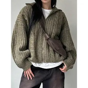 Women's Zipper Up Lapel Cable Knit Long Sleeve Cardigan Sweater, Autumn/Winter Casual Loose Fit Thick Warm Cozy Chunky Fashion Knit Cardigan, Women Fall Outfit, Women Winter Outerwear, Sweater Coat Jacket