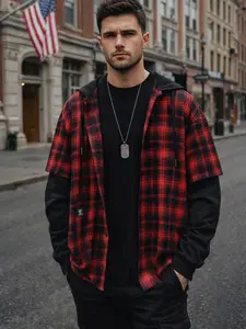 Oversized Plaid Hooded Shirt Jacket, Street High Fashion Loose Fit Vintage Workwear Casual Top for Spring & Fall