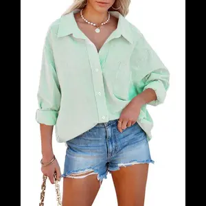 Women's Oversized Button Down Shirts Business Casual Long Sleeve Blouse Work Striped Tops Solid Style