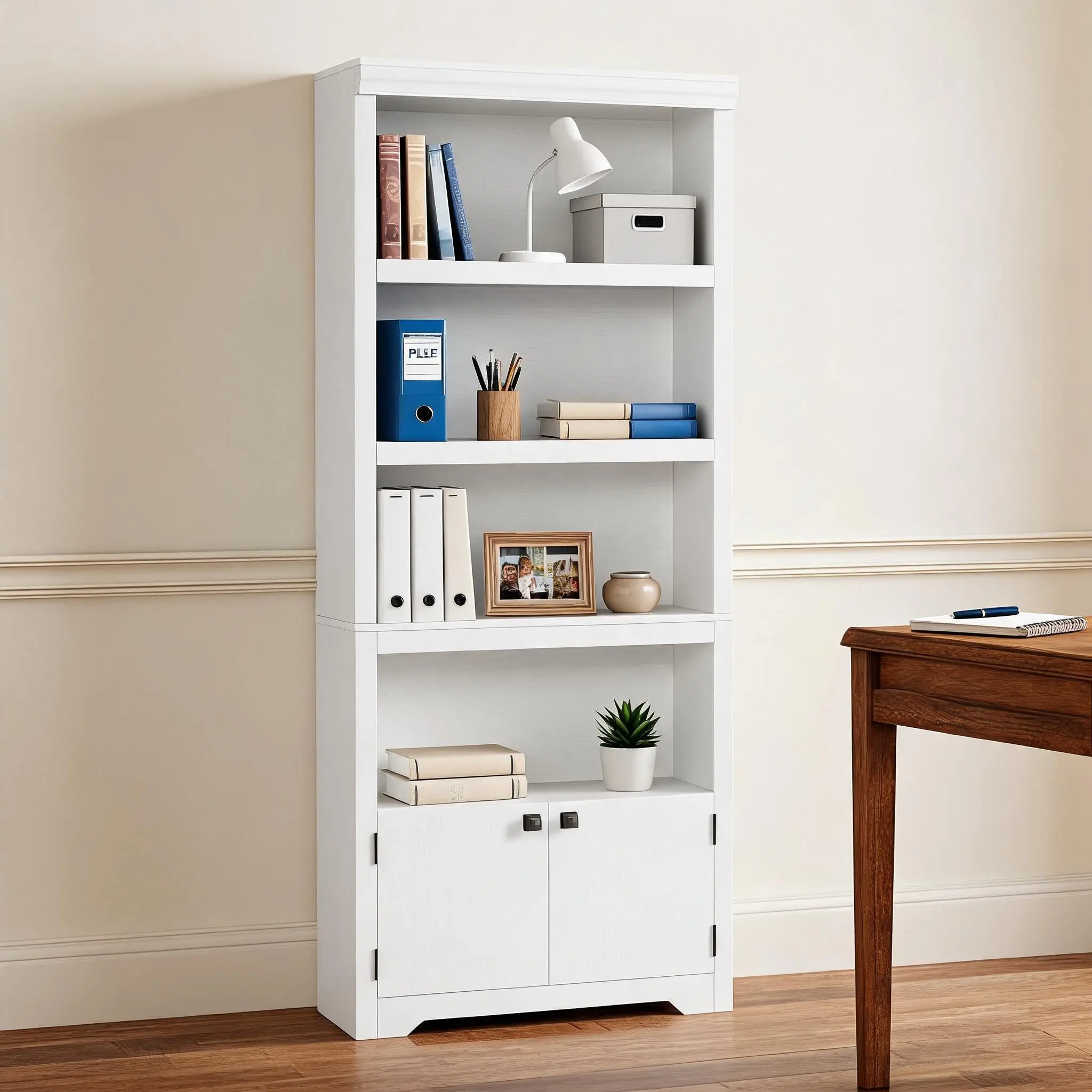 Narrow Bookcase with Embossed Design and Doors, Sturdy Display Shelf, Multipurpose Office Organizer