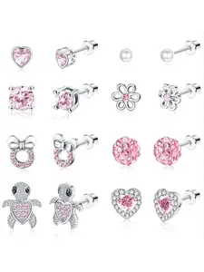 8 Pairs Pink Glowing Screw Fasten Stud Earrings for Women Men Durable Hybrid Copper Stainless Steel Piercing Jewelry Shimmering Clear Stones for Eye-catching Daily Charm Tender Heart Shapes Elegant Bloom Flower Designs Vivid Gradient Butterfly Accents