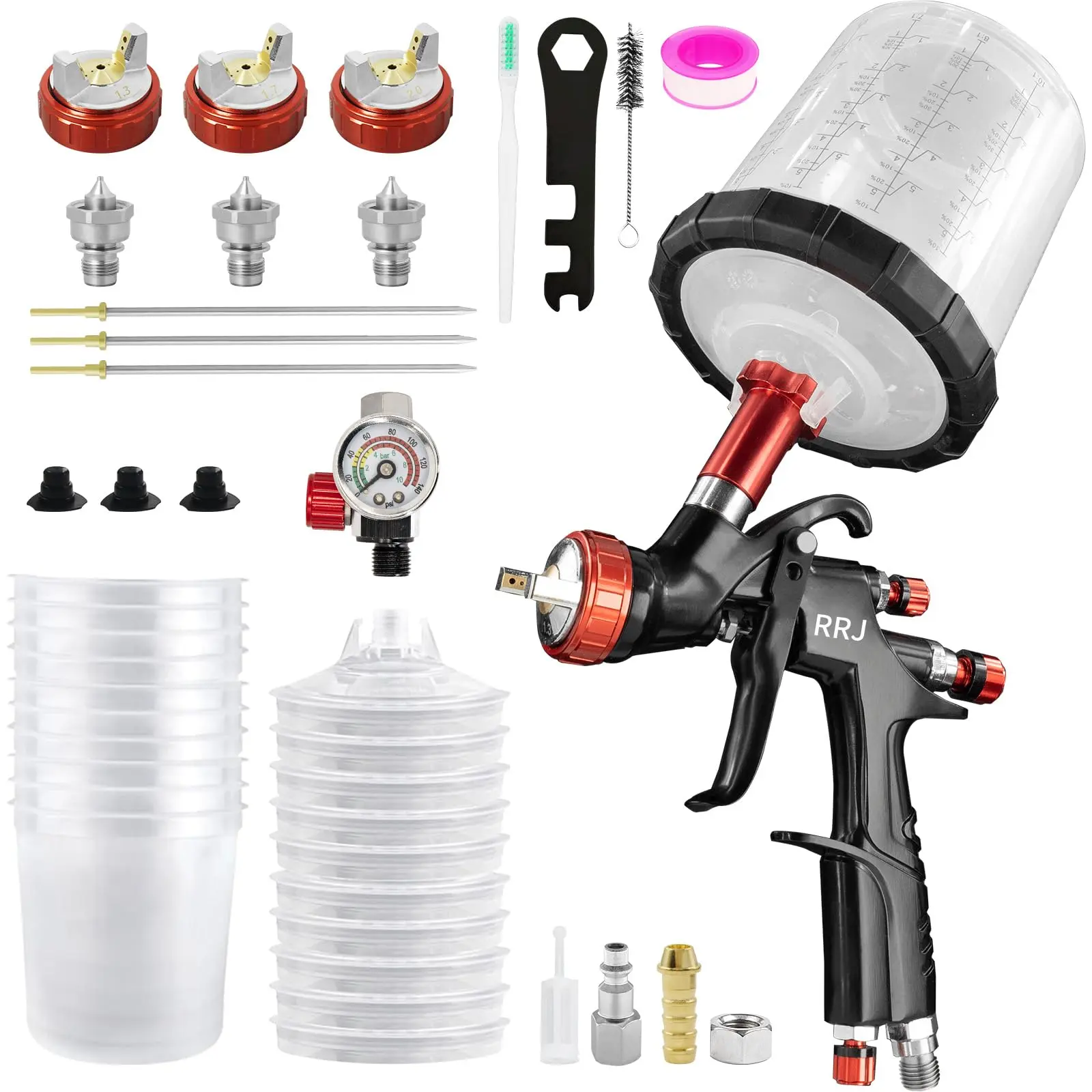 Premium A610 LVLP Paint Spraying Tool Kit - HVLP Spray Gun, 1.3/1.7/2.0mm Nozzles, Air Regulator, 650ml Mixing Cup, 10 Disposable Cups, Adjustable Hardware for Automotive, Furniture Use, Cleaning Tools, Longevity, Stainless Steel, Aluminum Alloy
