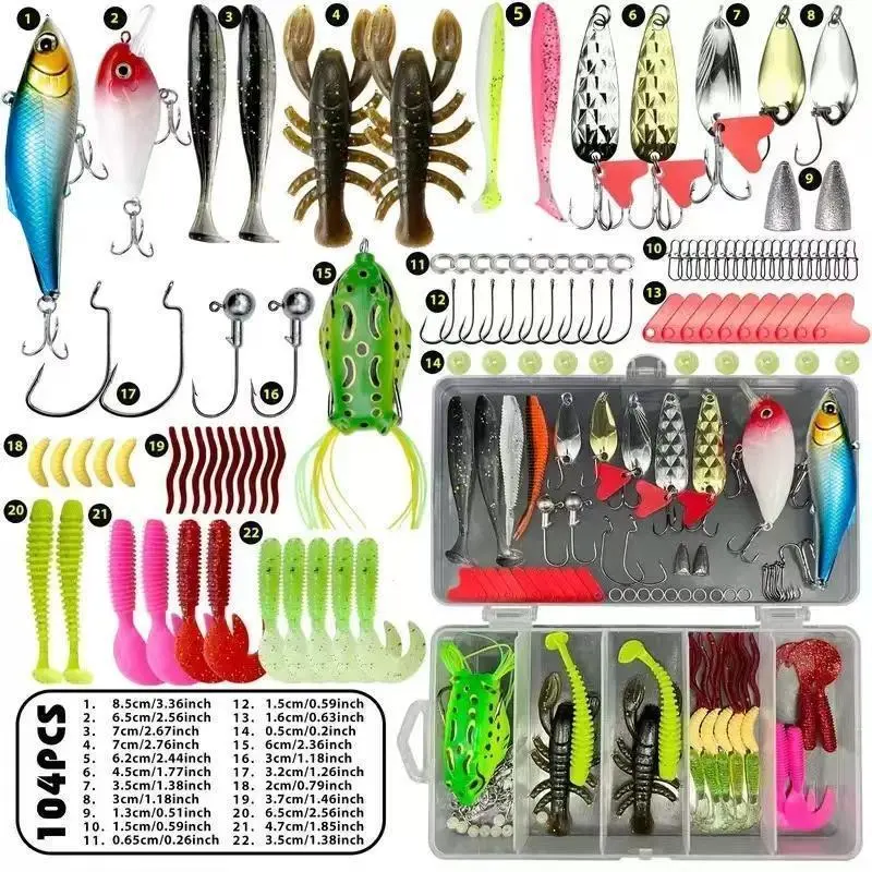 104-Piece Fishing Lures Kit - Buzz Bait/Spinner Baits/Jig/Frog, Fishing Tackle Box with Tackle Included, Soft Bait/Hooks/Weights, Fishing Gear Lure Kit Gift for Men Freshwater Bass Trout 104-Piece Fishing Lures Kit - Buzz Bait/Spinner Baits/Jig/Frog, Fishing Tackle Box with Tackle Included, Soft Bait/Hooks/Weights, Fishing Gear Lure Kit Gift for Men Freshwater Bass Trout