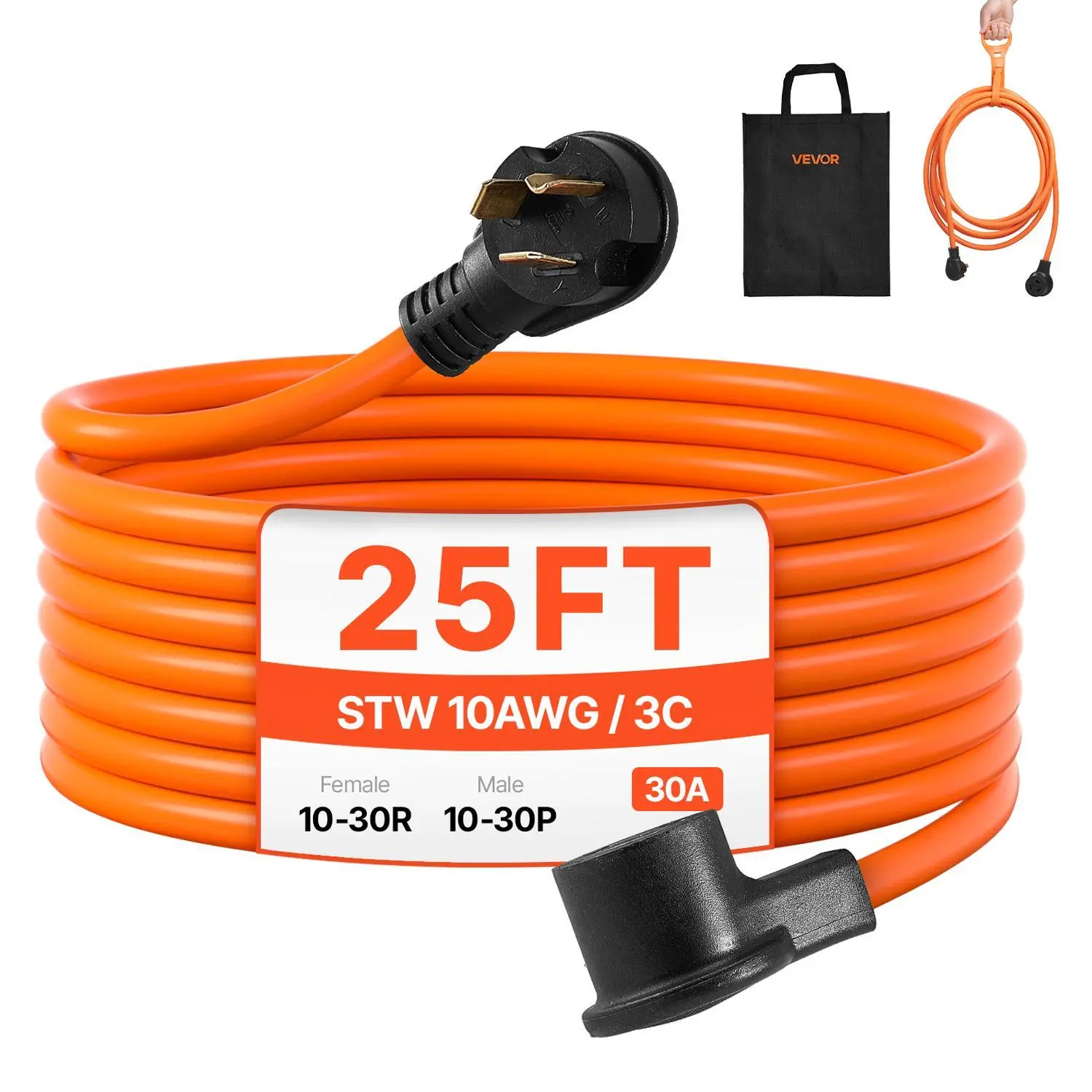 【Summerfinds】VEVOR 25 ft Dryer Extension Cord, 3-Prong NEMA 10-30P to 10-30R Dryer Cord, 125V/250V STW 10AWG/3C, 30A, Pure Copper Wire Cable with Black Non-woven Bag and PVC Cable Tie, Ideal for Indoor & Outdoor