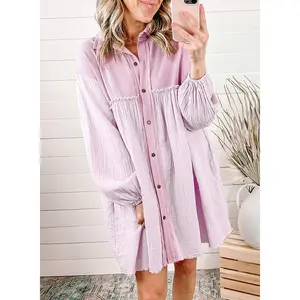 Pink Patchwork Crinkle Puff Sleeve Shirt Dress