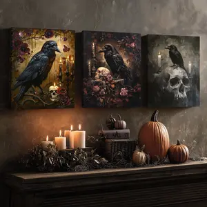 3 Counts Wooden Framed Canvas, Gothic Crow Poster, Halloween Home Poster, Halloween Party Decorations, Living Room And Bedroom Hanging Paintings, Horror Theme, Interesting Posters, Exquisite Gifts, High-Definition Art, Wood Wall Art