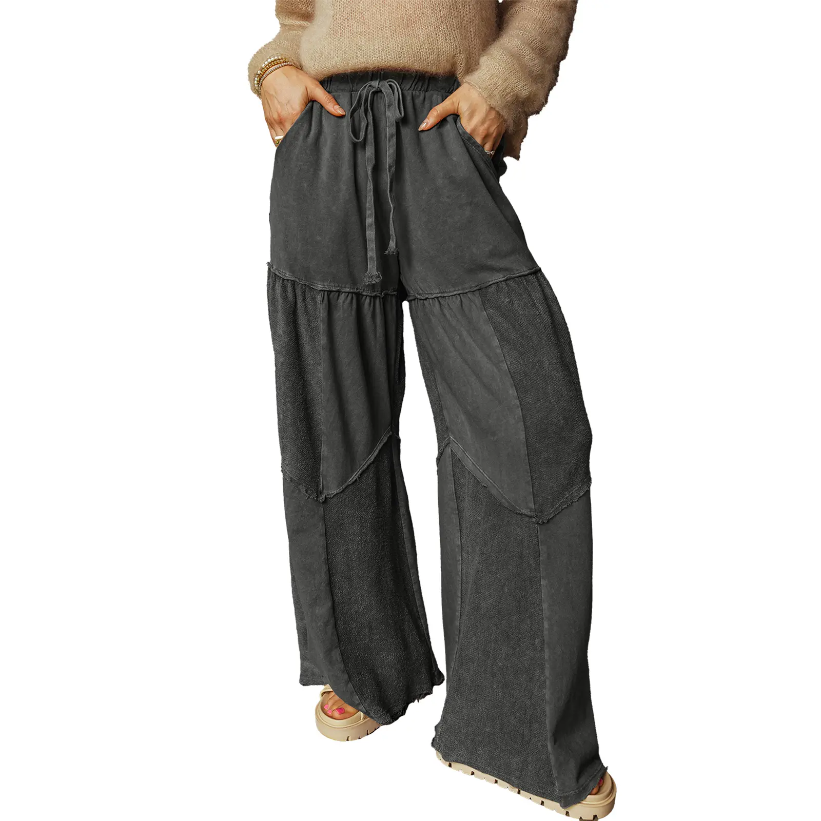 Asvivid Women's Mineral Wash Tiered Wide Leg Patchwork Drawstring Pants Casual Bottom Wideleg Pant Womenswear Basic