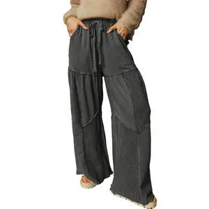 Asvivid Women's Mineral Wash Tiered Wide Leg Patchwork Drawstring Pants Casual Bottom Wideleg Pant Womenswear Basic