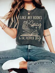 Bookish "Spicy Books & Icy Dr. Pepper" Oversized Graphic Women Fitted Knit T-Shirt - Reader Casual Top, Streetwear, Summer
