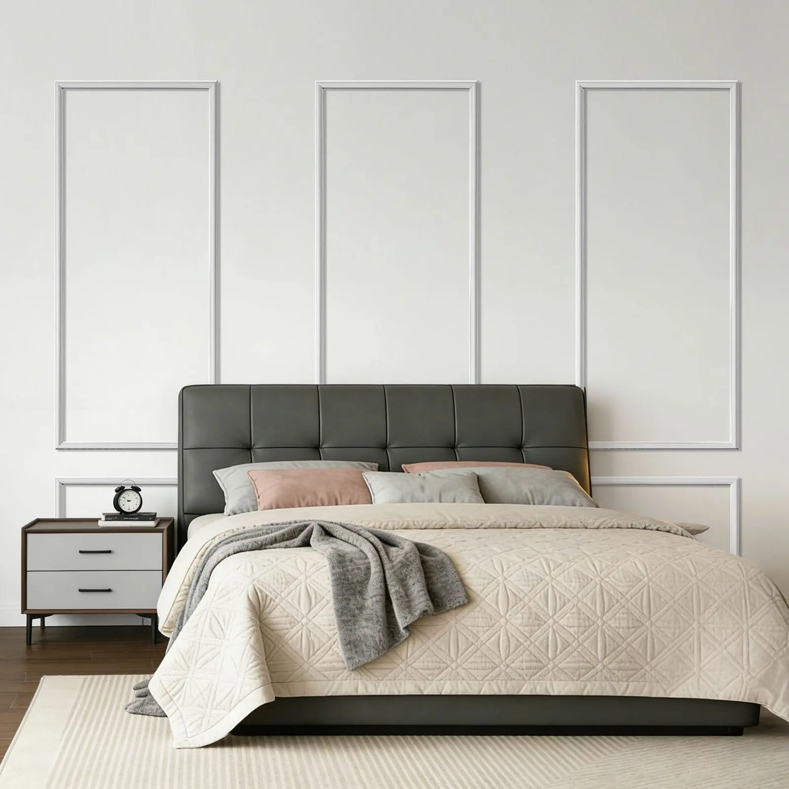 VEVOR 3-Sets Wainscotting Wall Molding Panels Kit, Lightweight Paintable Polystyrene, Easy-Install Waterproof Wide Profile Trim with Contemporary Lines for Renters' Effortless Customization (24x54 in, 24x24 in, White, Interior Use), Bedroom
