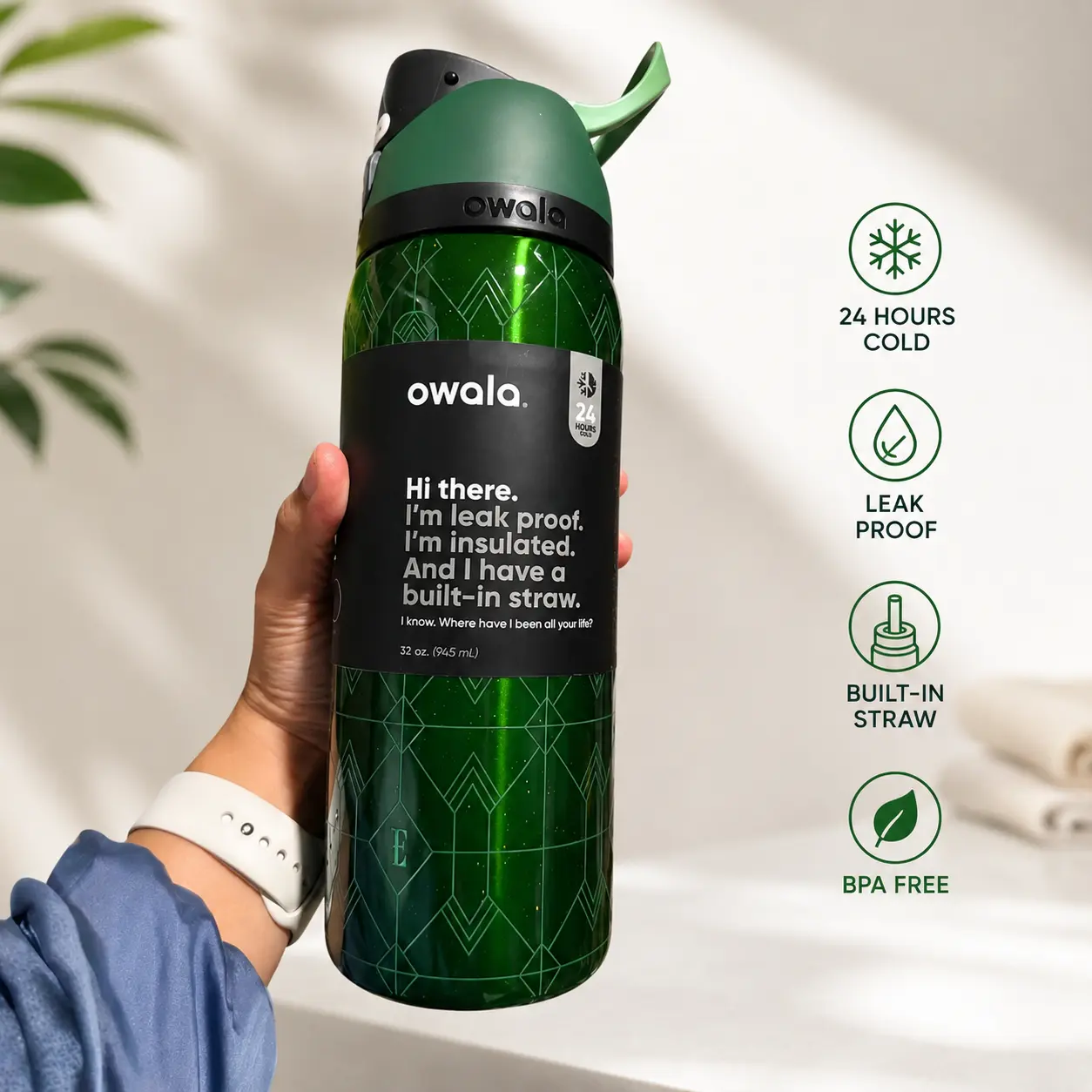 Owala emerald flash 32oz/945ml stainless steel insulated water bottle with straw,for daily sports outdoor,perfect gift