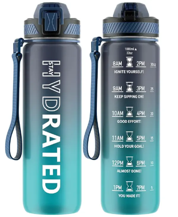 Water Bottle with Straw, 32oz Motivational Water Bottles with Time Marker to Drink, Tritan BPA Free, 1L Sports Water Bottle with Carry Strap LeakProof for Women Gym Fitness Outdoor (1 Pack)