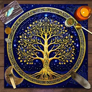 Fantasy Starry Sky Golden Tree of Life Design Square Tarot Tablecloth, Dreams home decor Altar Cloth Multiple Sizes Polyester Fabric, Easy to Clean and Maintain Decorative Divination Cloth for Spreads & Rituals Gift for family and friends