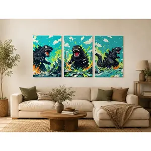 3 Piece Framed Pixel Art Godzilla Canvas Wall Art, Retro 8-Bit Monster Poster, Teal & Black Aesthetic Decor for Living Room Bedroom Teen Room Gaming Room, Kaiju & Retro Gamer Gift,wall decor,poster.
