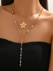 Three-Layer Cherry Blossom Theme Pearl Necklace, French Chic Style Aesthetic, Y-Shaped Collar Chain, Elegant Layered Structure Jewelry for Women, Elegant Accessory