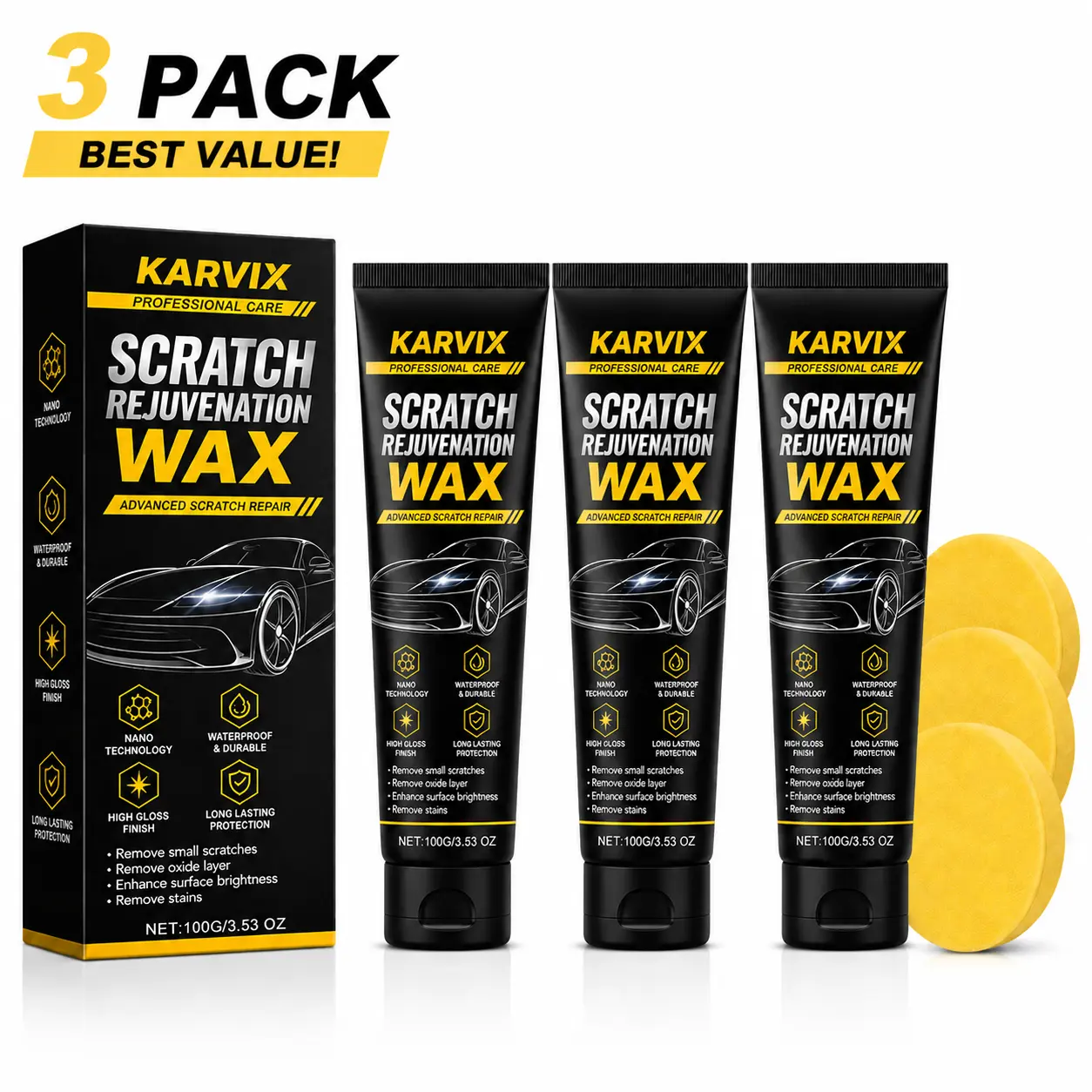 (3-Pack)Buy two get one free Scratch Removal Wax with Application Sponge