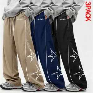 Mens 3 Pack Track Pants Loose Straight Leg Side Stripe Star Graphic Pants Streetwear Athletic Pants Drawstring Waist Wide Leg Lounge Trousers Summer Outfits Fit Inspo Outdoor Training Gym Travel Daily Wear