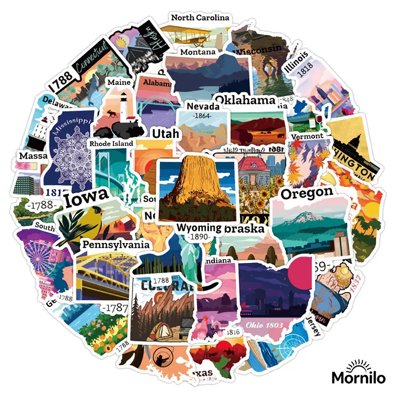 50PCS United States Map Travel Stickers,Waterproof Vinyl USA State Stickers for Water Bottles, Laptop,Phone,Scrapbook & Luggage, Vintage Aesthetic State Decals,Gift for Kids,Teens,Teachers & Travelers,Back to School,Road Trip Essentials,Travel Accessories